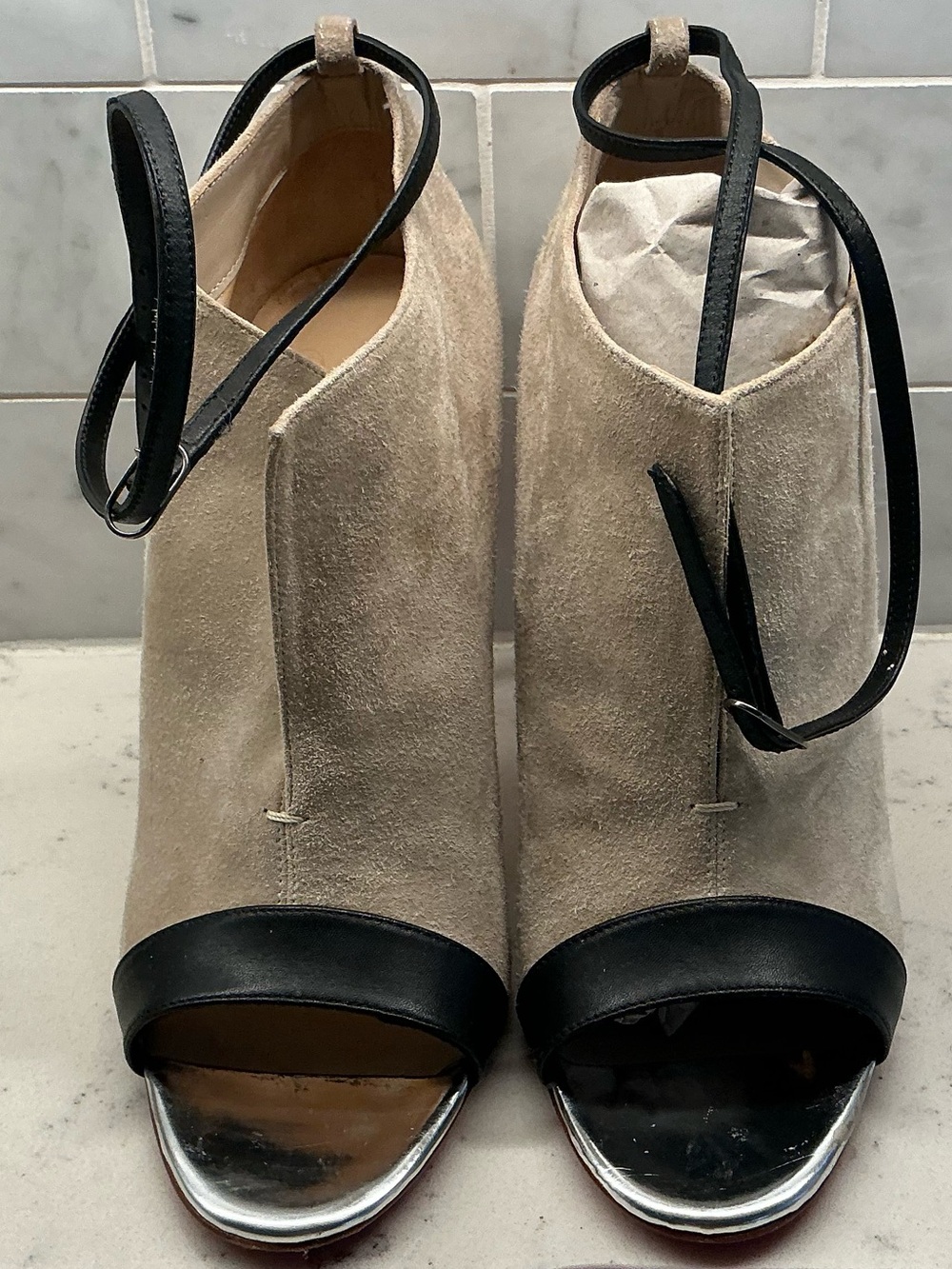 Christian Louboutin Beige Suede Open-Toe Ankle Boots with Black Trim